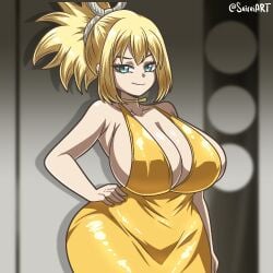 1girls aqua_eyes artist_name big_breasts blonde_hair breasts clothed_female dr.stone kohaku_(dr.stone) light-skinned_female seireiart sideboob solo solo_female watermark yellow_dress