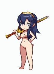 1girls animated animated blue_hair falchion_(fire_emblem) fire_emblem fire_emblem_awakening frown lucina_(fire_emblem) nintendo niyuyu nude solo sprite sword