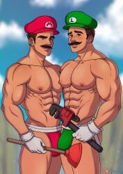 2boys abs biceps blue_eyes brother/brother brothers brown_hair bulge bulge_through_clothing chest clothing duo facial_hair fit fit_male gay gay_incest gloves green_hat green_speedo hat holding_object incest kappax light-skinned_male light_skin luigi male male/male male_nipples manly mario mario_(series) mature mature_male mature_man mostly_nude moustache muscular muscular_arms muscular_male nintendo nipples outdoors pecs plumber plunger red_hat red_speedo speedo thick_eyebrows triceps white_gloves wrench