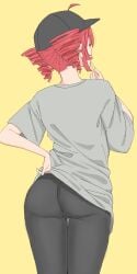 1girls 2d 2d_(artwork) ass ass_focus back_view big_ass black_legwear female female_only high_re kasane_teto kasane_teto_(sv) leggings override_(synthesizer_v) oversized_shirt presenting_ass red_hair shirt_lift solo solo_female synthesizer_v thigh_gap thighs tight_clothing tight_pants twin_drills utau