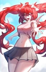 animator bonzomcbonbon female no_panties pink_crop_top red_eyes red_hair revealing_clothes skirt thighs white_bow youtuber