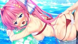 ahoge ass ass_grab bare_arms bare_shoulders big_breasts bikini bikini_pull blue_eyes blush breasts brother_and_sister from_behind game_cg hair_ornament hair_ribbon hinata_nao imouto_paradise!_3 incest long_hair moaning nanase_sakura nipples official_art open_mouth outdoors partially_submerged pink_hair pool red_bikini sex side-tie_bikini_bottom water wet_body wet_hair