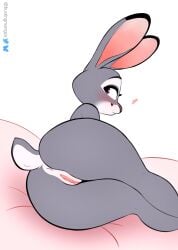 2025 absurd_res anthro anus ass bed bed_sheet bedding blush bustingmangos digital_media_(artwork) disney eyebrows eyelashes female fluffy fluffy_tail fur furniture genitals grey_body grey_fur heart_symbol hi_res judy_hopps lagomorph leporid looking_at_viewer looking_back lying lying_on_bed mammal multicolored_body nude on_bed on_side pink_nose presenting presenting_hindquarters presenting_pussy purple_eyes pussy rabbit raised_eyebrows simple_background smile solo tail thick_thighs two_tone_body wide_hips zootopia