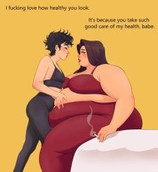 2girls bbw cigarette death_feederism dialogue feedee feeder feederism irony lovers skinny_girl ssbbw tagme tagme_(artist) unhealthy