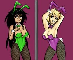 2girls alternate_version_available bunny_ears bunny_suit clothed collar crablouse female fishnets homestuck human jade_harley large_breasts lingerie pole posing rose_lalonde tail tie tights