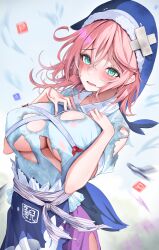 1girls 258n big_breasts blush breasts curvy curvy_figure defeat defeated embarrassed green_eyes hands_on_breasts okunoda_miyoi pink_hair ripped_clothing ripped_shirt short_hair solo touhou underboob whale_hat