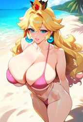 2d ai_generated beach big_breasts bikini blonde_hair crown female female_focus female_only long_hair mario_(series) outdoors princess_peach solo solo_female solo_focus super_mario_bros. tagme