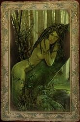 1girls cd_projekt_red dreadlocks dryad female female_only forest green_skin looking_at_viewer morenn nature nude nude_female official_art pointy_ears romance_card_(the_witcher) solo solo_female tagme the_witcher the_witcher_(series) tree