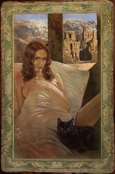1girls black_cat blanket cat cat_between_legs cd_projekt_red covering_with_blanket female long_hair long_red_hair looking_at_viewer medium_breasts official_art pillow red_hair romance_card_(the_witcher) solo the_witcher the_witcher_(series) triss_merigold