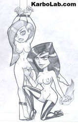 arms_up bondage bound disney female female_only human karbo_(comics-toons) kim_possible kimberly_ann_possible monochrome multiple_females nipples pussy shego straight_hair tagme yuri