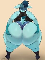 3:4 anthro ass bayushkit big_butt blue_body butt_focus butt_grab clothing dumptruck_ass eeveelution female generation_4_pokemon glaceon hair hand_on_butt hand_on_own_butt hi_res nintendo pokemon pokemon_(species) simple_background solo tied_hair tight_clothing