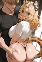 1girls ai_generated animal_ear_fluff animal_ears anthro ass ass_grab blonde_hair curvy female_focus genshin_impact groping large_ass large_breasts solo_female tail xilonen_(genshin_impact)