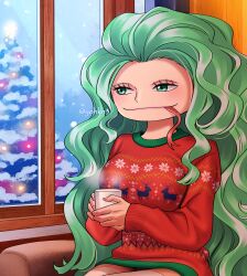 1girls big_head boa_sandersonia christmas christmas_lights christmas_sweater forked_tongue green_eyes green_hair huge_breasts long_hair long_tongue mug not_porn snow yohkn3 youkan