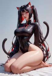 ai_generated black_hair catgirl female kneeling latex_costume long_hair red_eyes tail