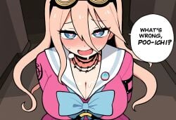 1girls ai_generated blush danganronpa danganronpa_v3 heart-shaped_pupils iruma_miu large_breasts looking_at_viewer novelai smile solo_female speech_bubble text