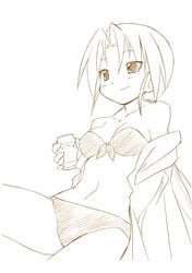 bandeau beer bikini can female female_only front-tie_top human lucky_star medium_breasts monochrome nanako_kuroi off_shoulder open_clothes open_shirt sawatari_jinshi shirt short_hair sitting sketch smile solo swimsuit tubetop