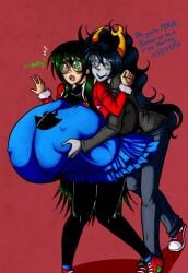 2girls blush breast_expansion breast_grab breasts clothed colored dialogue female homestuck human hyper_breasts jade_harley pride-kun smile text vriska_serket yuri