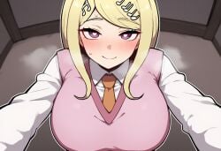 1girls ai_generated akamatsu_kaede blush danganronpa danganronpa_v3 heart-shaped_pupils large_breasts looking_at_viewer novelai smile solo_female