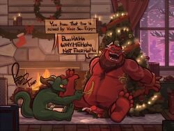 2boys armada_bloodhill benj24 blue_eyes candles christmas christmas_decorations christmas_tree chubby chubby_male cum demon facial_hair feathers fireplace furry furry_only gay green_scales horns licking_foot male male_only male_tickling nude oni oni_male original presents red_skin restrained scalie snow speech_bubble tickling tickling_belly yellow_feather zenzeng_emeraldfeather