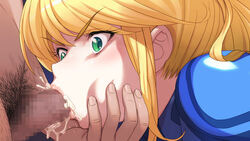 blonde_hair bodysuit censored chin_grab cum cum_in_mouth fellatio female green_eyes irrumatio kira_keita long_hair male_pubic_hair metroid mosaic_censoring nintendo oral pubic_hair samus_aran zero_suit zero_suit_samus