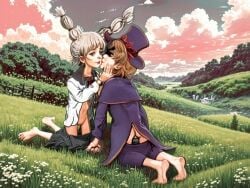 ai_assisted bare_belly bare_legs barefoot barefoot_on_grass blonde_female blonde_hair field_background foreplay harley_(mobile_legends) kissing kissing kissing_cheek love_making lylia_(mobile_legends) mobile_legends mobile_legends:_adventure mobile_legends:_bang_bang outdoors outside pants_down pants_pulled_down top_hat twintails undressing