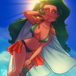 1girls artist_name big_breasts boa_sandersonia clouds forked_tongue green_eyes green_hair immrskull long_tongue looking_at_viewer looking_down skimpy_bikini sky sunlight tongue tongue_out wide_hips worms-eye_view