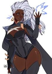 1girls blue_eyes bodysuit braided_hair dark-skinned_female dark_skin kamii_momoru long_hair looking_to_the_side marvel ororo_munroe simple_background solo solo_female storm_(x-men) thick thick_lips thick_thighs thighs white_hair x-men