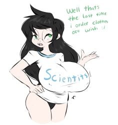 annoyed breasts clothed dullvivid female graphic_tee homestuck hyper hyper_breasts jade_harley no_pants panties partially_clothed shirt solo text text_on_clothing tight_clothes