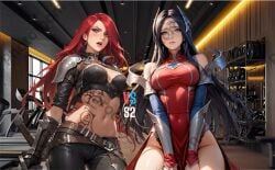 2girls ai_generated ass black_hair blue_hair catfight facesitting farting_in_face futanari irelia_xan katarina_du_couteau league_of_legends red_hair scat wrestling