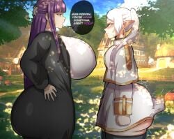 2girls alternate_breast_size ass bangs big_ass big_breasts breasts bubble_butt busty clothed clothing dialogue dialogue_box dumptruck_ass elf elf_ears elf_female english_text eyelashes female female_focus fern_(sousou_no_frieren) frieren green_eyes huge_ass huge_breasts large_breasts light-skinned_female light_skin lips long_ears long_hair multiple_girls no_sex open_eyes open_mouth outdoors outline pointy_ears purple_hair shiny_skin sidelocks sound sound_edit sound_effects sousou_no_frieren sweat sweating sweaty tagme theodyss thick_thighs thighs tied_hair twin_braids twintails voluptuous voluptuous_female white_hair