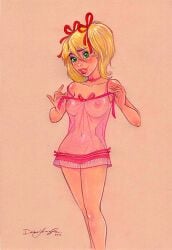 1girl belly_button blonde_female blonde_hair_female blush boobs breasts dean_yeagle green_eyes lips mandy_(dean_yeagle) nipples no_bra no_panties pink_clothing see-through_clothing tits transparent_clothing twintails