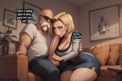 ai_generated android_18 big_breasts comic comic_panel dragon_ball english_text fellatio huge_cock jean_skirt master_roshi old_man older_male velzevulito wide_hips