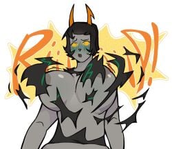 blush breast_expansion breasts covering embarrassed expansion female homestuck huge_breasts kanaya_maryam nipples nude partially_clothed redskinnedmess solo torn_clothes