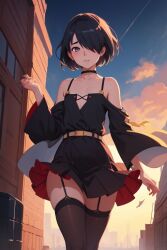 1boy ai_generated bangs bangs_over_one_eye black_hair choker day daytime femboy flat_chested long_sleeves short_hair shoulder_straps skirt sky solo thighhighs thighs