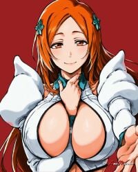 1girls between_breasts bleach breasts busty female hand_between_breasts huge_breasts inoue_orihime open_clothes orange_hair smile smiling smiling_at_viewer