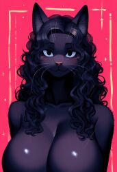 ai_generated anthro anthro_female black_body black_fur black_hair blue_eyes cat_ears curly_hair featureless_breasts felid feline female_focus female_only furry_female furry_focus giant_breasts large_breasts long_hair looking_at_viewer mature_female whiskers