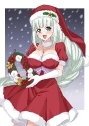 absurdres bilingual_commentary blush border breasts christmas christmas_wreath cleavage commentary commission english_commentary female gloves green_eyes hat high_ponytail highres holding holding_wreath jewelry lailah_(christmas)_(tales) lailah_(tales) large_breasts long_hair looking_at_viewer mixed-language_commentary necklace open_mouth outdoors ponytail rynn_(darknescorez) santa_costume santa_hat skirt smile snowing solo tales_of_(series) tales_of_asteria tales_of_zestiria textless_version variant_set very_long_hair white_border white_hair wreath