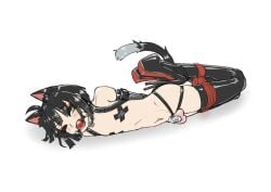 1boy ball_gag balls black_hair black_legwear black_thighhighs bondage cat_ears cat_tail catboy chastity_belt chastity_cage chastity_device collar femboy flat_chastity_cage gag green_eyes hands_behind_back hands_tied high_heel_boots high_heels legs_tied legwear lying male nipple_pasties oniiino otoko_no_ko pasties simple_background thighhighs tied_hands tied_up