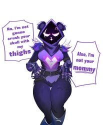 1girls 2d annoyed annoyed_expression female fortnite fully_clothed mangopeanutjam mommy raven_team_leader text text_bubble