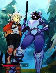 1boy 1boy1girl 1boys 1girls breasts broken_shield downed female fortnite fortnite:_battle_royale gun male mangopeanutjam raven_team_leader raven_team_leader_(fortnite) sunspot_(fortnite) thighs tree trees