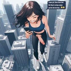 ai_generated big_penis city clothed clothing converse futa_is_bigger futa_only futadom futanari giant_futa giant_penis giantess leggings light-skinned_futa light-skinned_futanari light_skin small_penis_humiliation smile smiling sneakers spalela tank_top text text_bubble texting torn_clothes torn_clothing