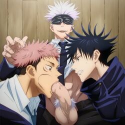 3boys ai_generated balls black_hair blindfold blowjob blue_eyes blush brown_eyes fushiguro_megumi genitals gilxxgamesh hand_on_head happy itadori_yuuji jujutsu_kaisen male male/male oral penis penis_in_mouth pink_hair pubic_hair satoru_gojo testicles veiny_penis white_hair yaoi