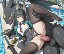 ai_generated animal_ears balls black_skirt black_tie clothed_female_nude_male dark_hair dragon dreamworks emotionless emotionless_female hoshimi_miyabi how_to_train_your_dragon long_hair lying_on_side outside panties penis pool public red_eyes rubeon sex skirt sword thighhighs toothless vaginal_penetration weapon wet wet_pussy wings zenless_zone_zero