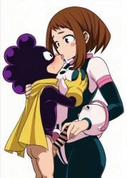 1boy 1girls ai_generated breast_grab handjob kissing minoru_mineta my_hero_academia ochako_uraraka skinsuit tongue_kiss touching_penis