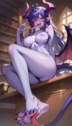 book books bookshelf choker clwas elf_ears feet female female_only funny_ai horns large_breasts library long_hair long_tongue looking_at_viewer looking_down monster_girl naked_female open_mouth orange_eyes purple_hair purple_skin sitting slim tail thick_thighs window