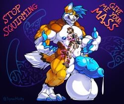 absurd_res anthro attribute_theft balls big_balls big_penis canid canine duo genitals hi_res huge_balls huge_cock hyper hyper_balls hyper_genitalia hyper_penis kooper_(koopershiba) magic_bondage male male/male mammal muscular penis size_difference size_theft symmhusky xaff