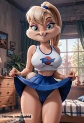 ai_generated animal_ears artist_name bare_shoulders bedroom blonde_hair blue_eyes blue_panties blue_skirt breasts cameltoe cheerleader clothes_lift crop_top eyelashes eyeshadow female furry furry_female grin indoors large_breasts lifted_by_self lola_bunny looking_at_viewer looney_tunes makeup medium_breasts midriff miniskirt panties patreon_username pleated_skirt ponytail rabbit_ears rabbit_girl rabbit_tail shirt skirt skirt_lift sleeveless smile solo space_jam standing tail tank_top teeth underwear window xadrid