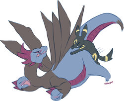 ambiguous_gender blush chubby closed_eyes conjoined dragon eeveelution feral fur half-closed_eyes hydreigon looking_back lying maim male multi_head nintendo on_stomach open_mouth penetration plain_background pokemon pokemon_(species) red_eyes scalie sex tail teeth text umbreon white_background wings