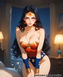 absurd_res ai_generated bed bedroom black_hair dc dc_comics dc_super_hero_girls dcau female female_focus hi_res highres indoors justice_league long_hair ozziru patreon revealing_clothes self_upload superhero superheroine tiara uncensored wonder_woman wonder_woman_(series)