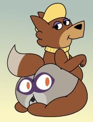 2025 anthro ass ass balls belly beret breasts bulge cringebird daryl_(cringebird) jellystone_(hbo_max) looking_at_viewer looking_back loopy_(loopy_de_loop) loopy_de_loop nonbinary on_knees raccoon scarf tagme tail transfem transformation underwear underwear_transformation wolf